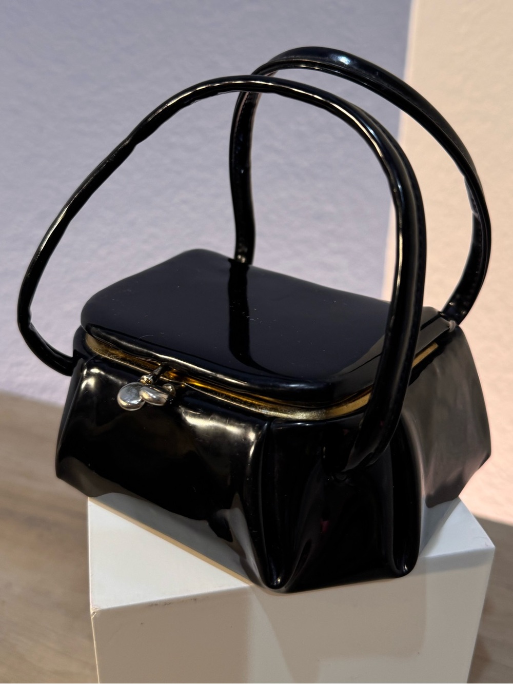 Vintage 1958 Black Patent Kiss Lock Micro Purse Goth Dark Academia Chic
